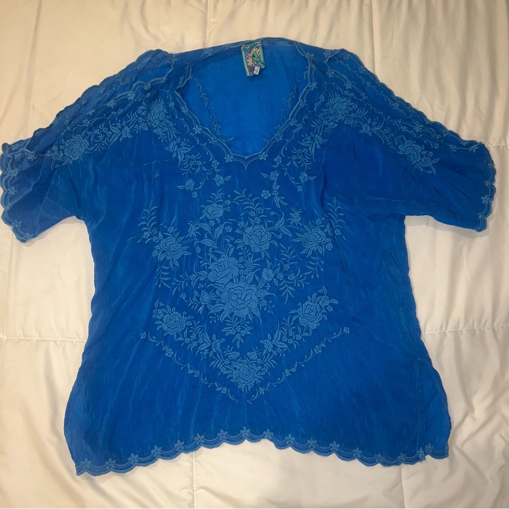 Johnny Was Blue Embroidered Short Sleeve Blouse with Open Shoulders